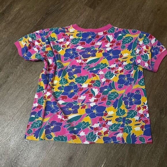Vintage Gitano Girls Floral Ringer Shirt Pink Girls Size L 14 Cotton Retro 90s - Picture 9 of 11